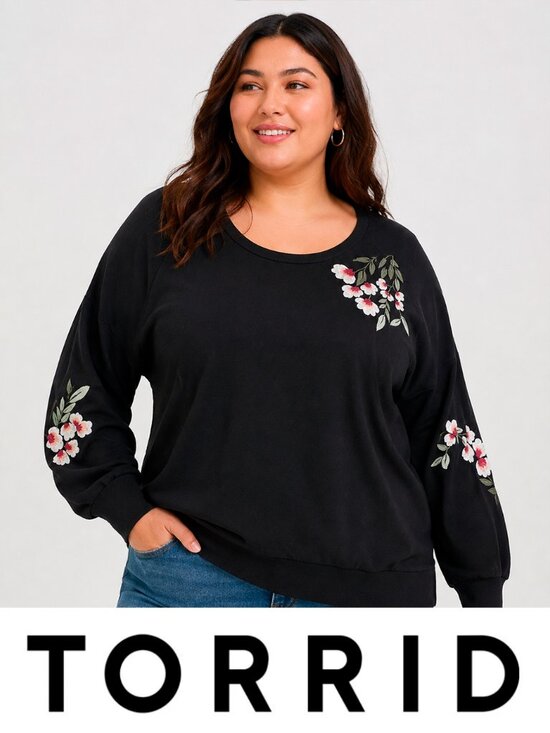 torrid Sweaters - Torrid 1 (1X) Black Embroidered Floral Long Sleeve Pullover Sweatshirt